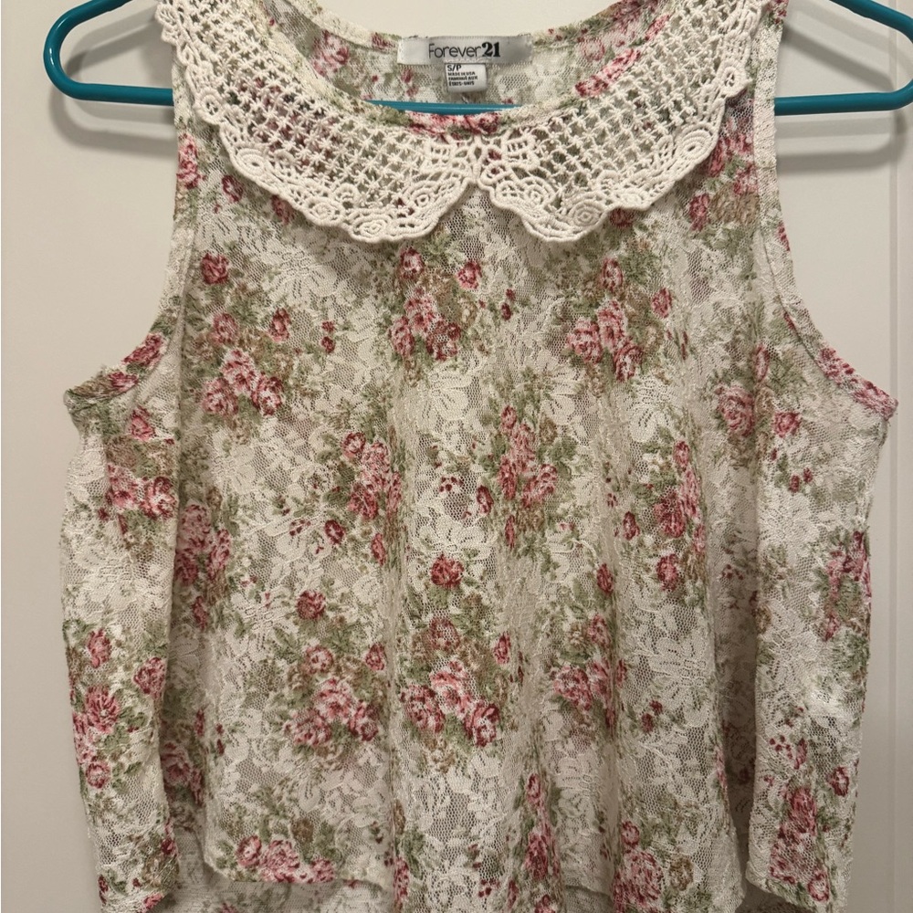 Forever 21 Pink and Green Cropped Blouse with Peter Pan Collar
